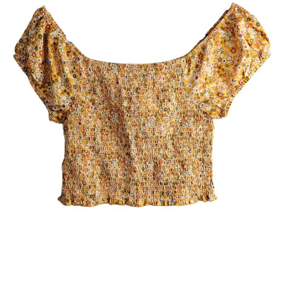 🏆Rue 21 New Floral Smocked Square Neck Y2K Yellow Crop top - Picture 4 of 5